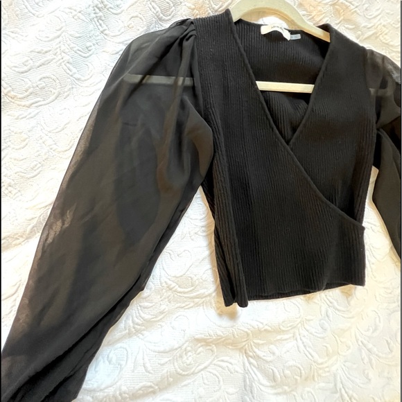 Idem Ditto Black Blouse Long Sleeve Mesh V neck - Picture 2 of 4
